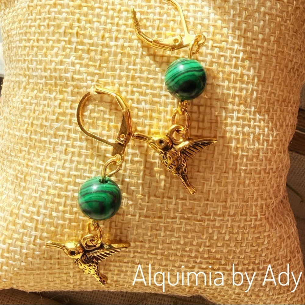 SUMMER + Gold Bird and malachite simple dangle earrings